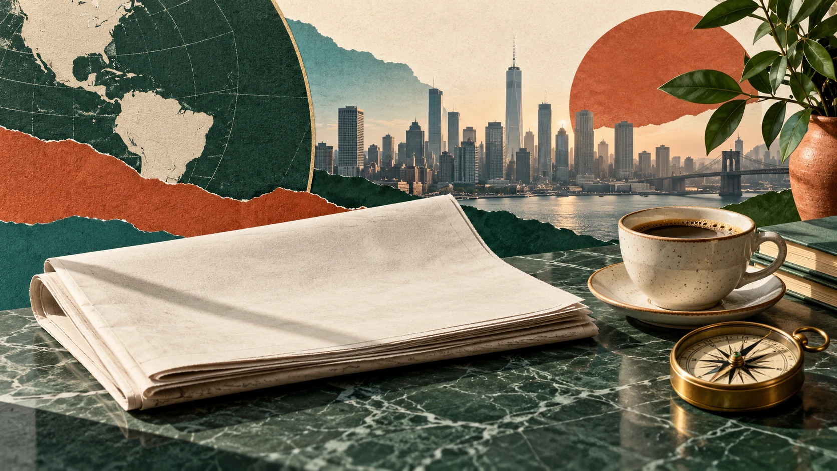 Editorial collage of a morning newspaper, coffee, city skyline and globe.
