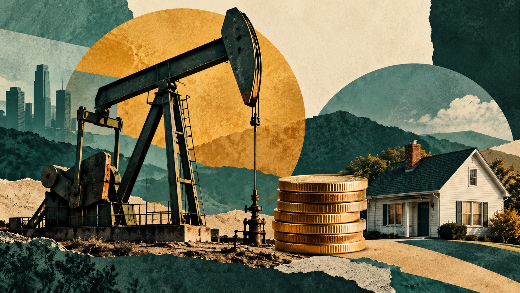 Editorial collage of an oil pump, coins and a house in gold and teal.