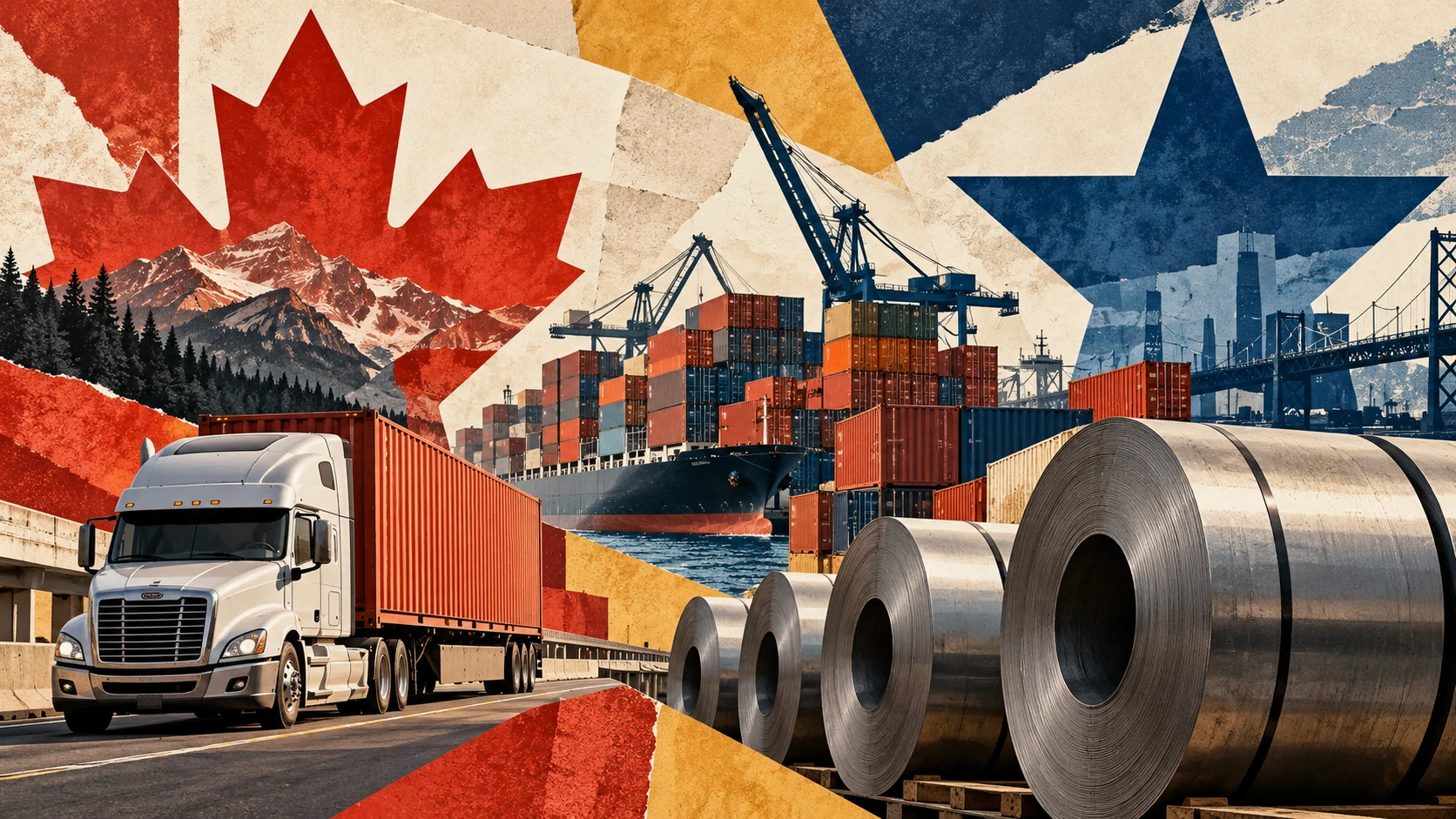 Editorial collage of Canadian and American motifs, steel coils, a truck and shipping containers.