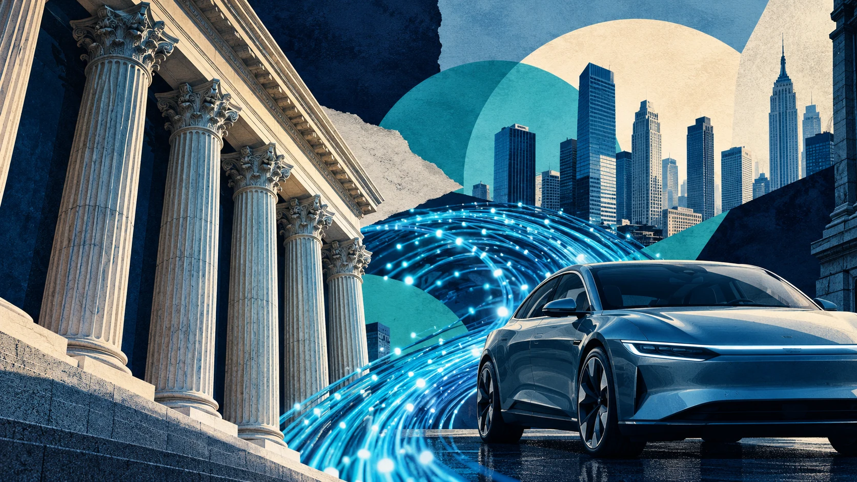 Editorial collage of financial district columns, fiber optic cables and an electric car.